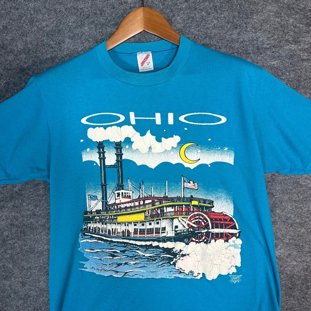 Vintage Ohio Steamboat Graphic T Shirt‎ Men's Aqua Blue Jerzees Size L